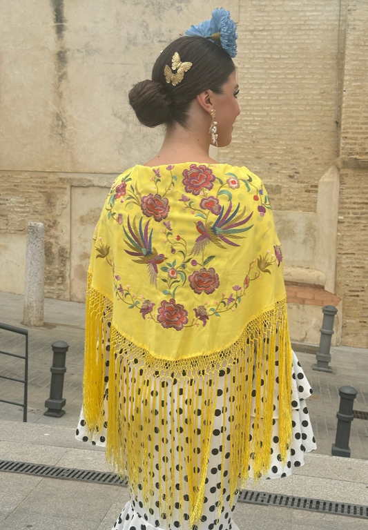 Mantón Pájaros Fondo Amarillo