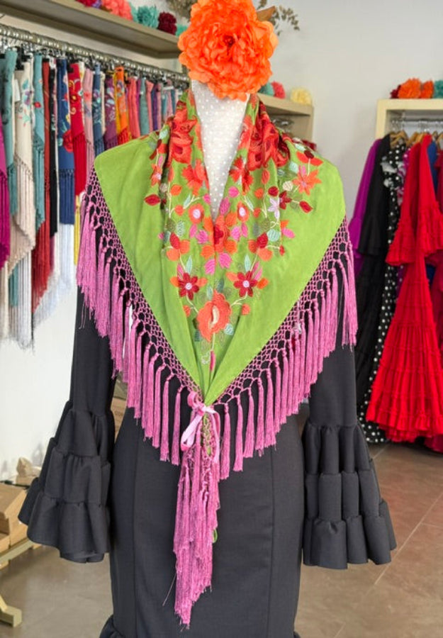 Mantón Cantillana Verde y Rosa