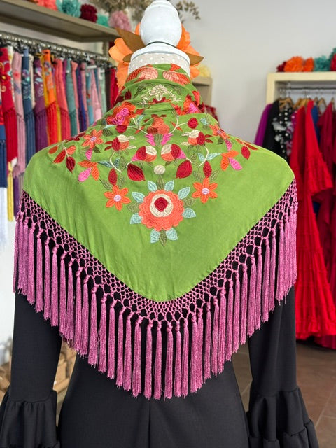Mantón Cantillana Verde y Rosa