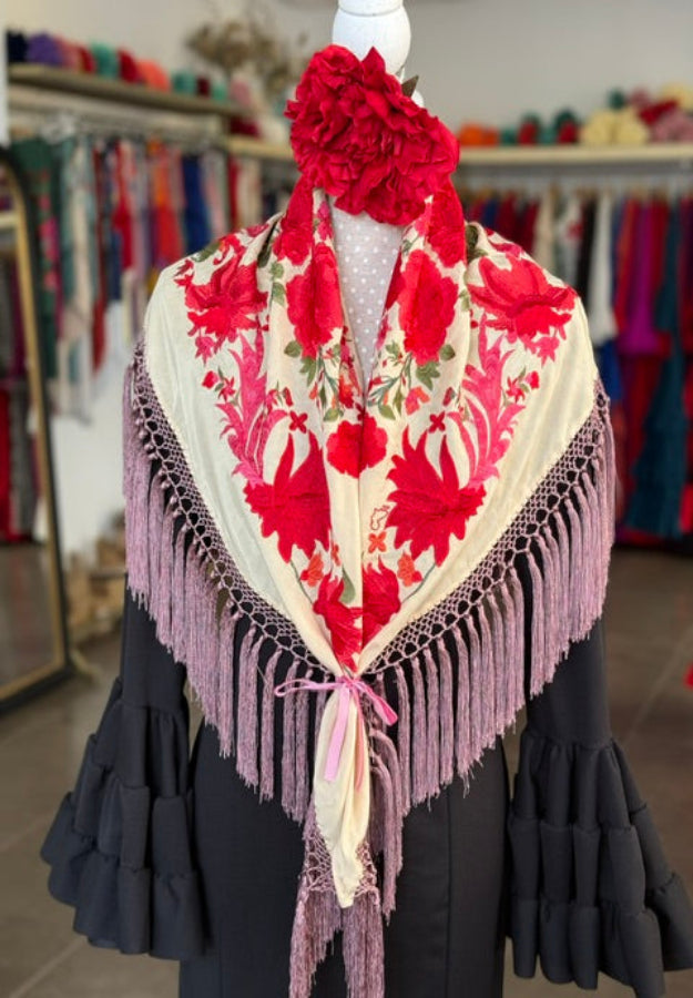 Mantón Cantillana Rojo y Beige
