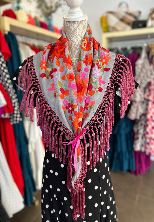 Mantón Cantillana Gris y Rosa