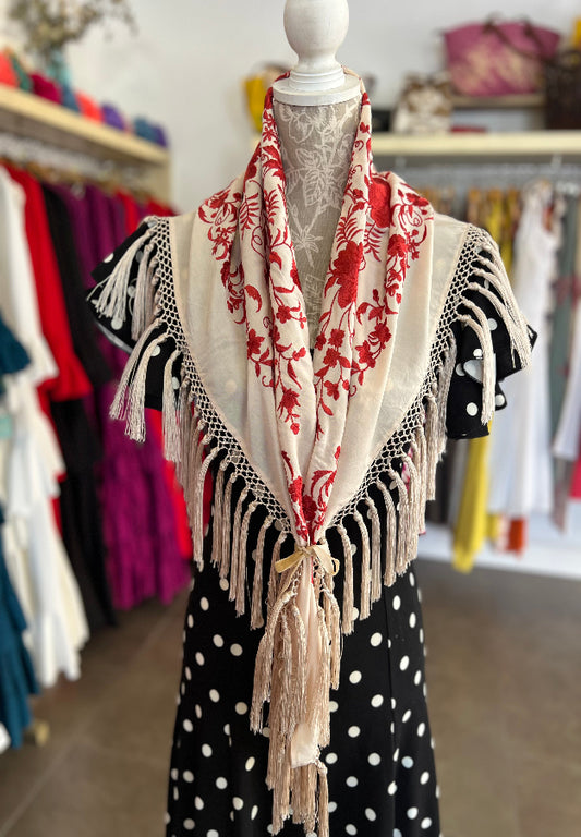 Mantón Cantillana Beige y Coral