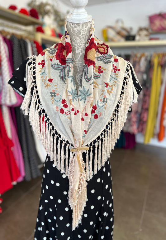 Mantón Cantillana Beige, Rojo y Gris