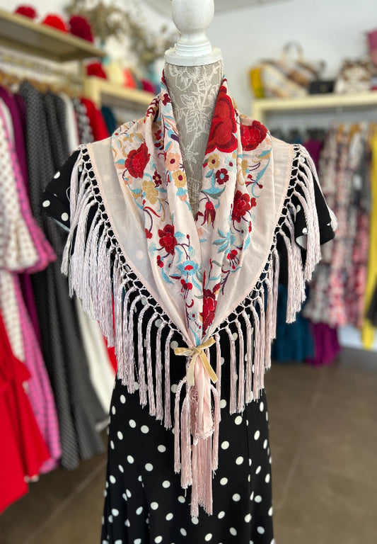 Mantón Cantillana Rosa Bebe y Rojo