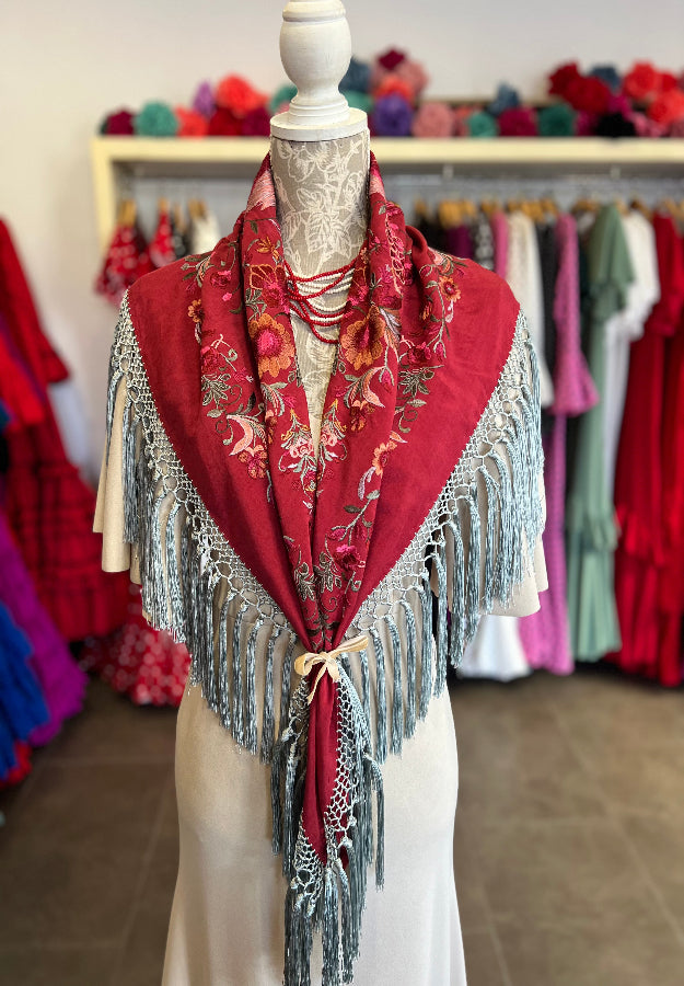 Mantón Cantillana Rojo Granate y Gris