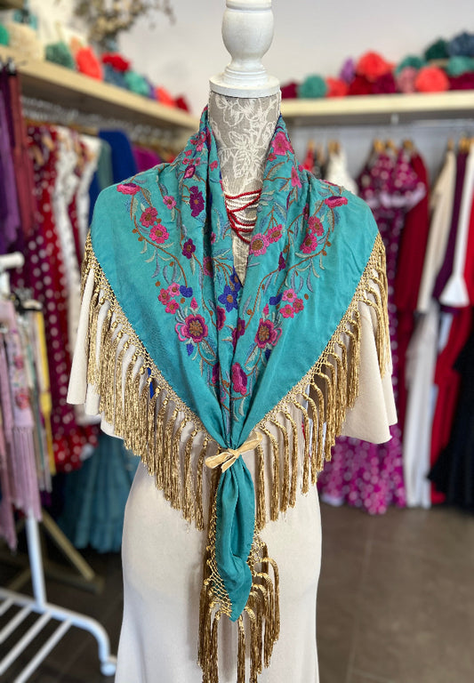 Mantón Cantillana Turquesa y Dorado