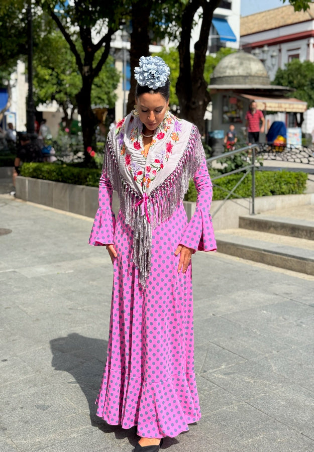 Traje Flamenca Macarena Rosa y gris