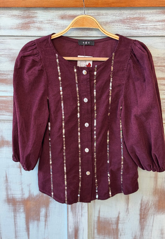 Camisa de pana y pailletes burdeos
