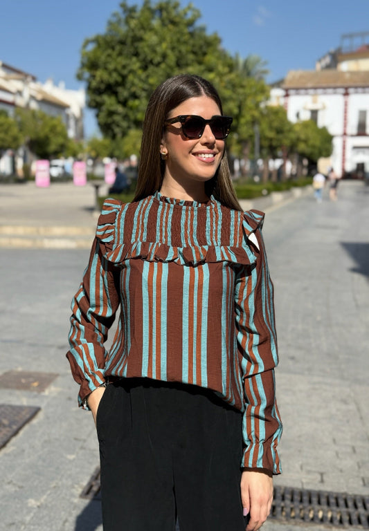 Blusa Lola Marrón y Turquesa